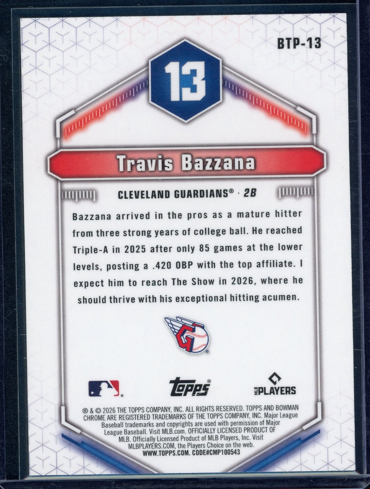 2026 Bowman Chrome- Bowman Scouts Top 100 Chrome Travis Bazzana #BTP-13