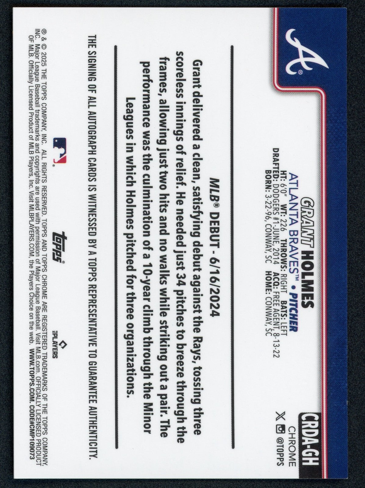 2025 Topps Chrome Update Series - Rookie Debut Autographs Grant Holmes #CRDA-GH