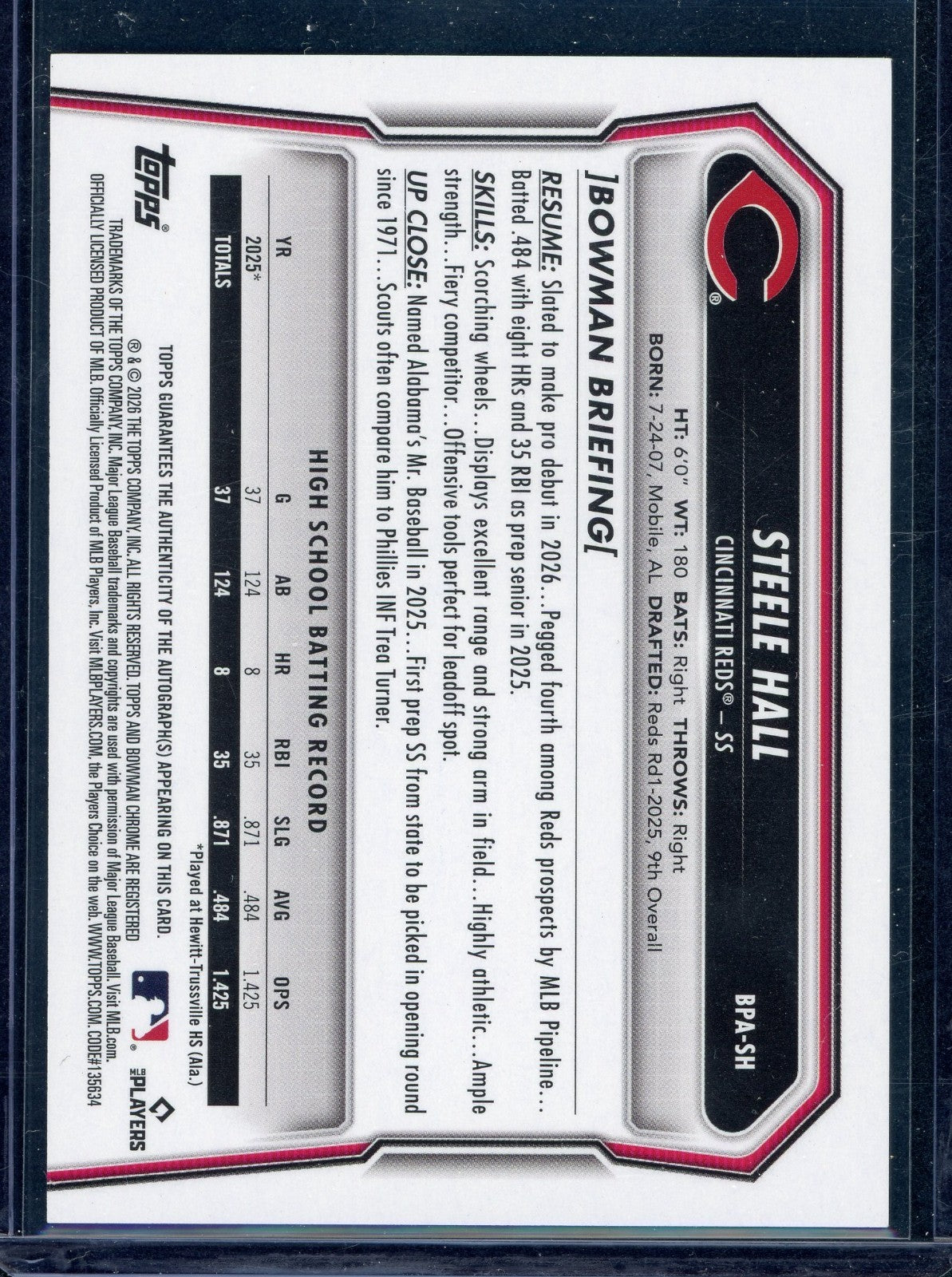 2026 Bowman - Steele Hall - #BPA-SH Blue Border Auto /150 - Reds (AU)