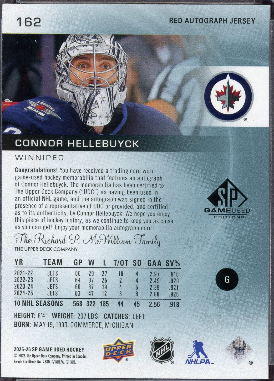 2025-26 Upper Deck SP Game Used Connor Hellebuyck Patch Auto /65 Winnipeg Jets