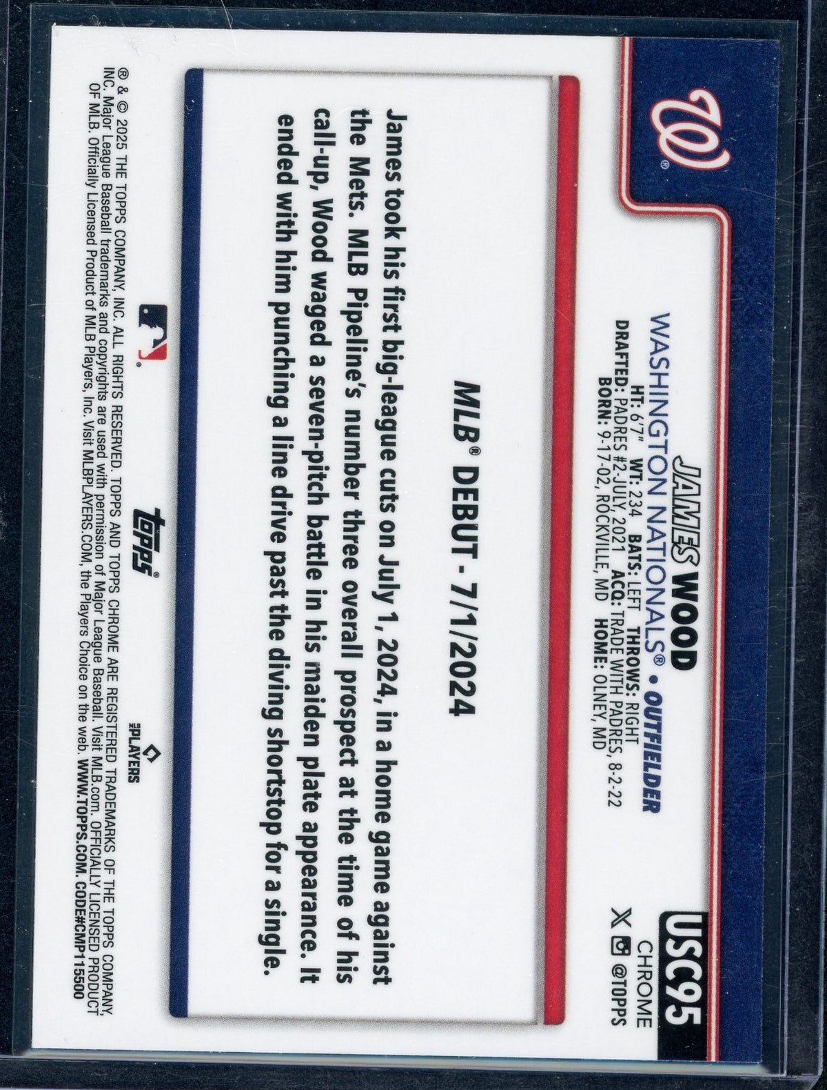 2025 Topps Chrome Update Series - Rookie Debut James Wood #USC95 Aqua Refractor
