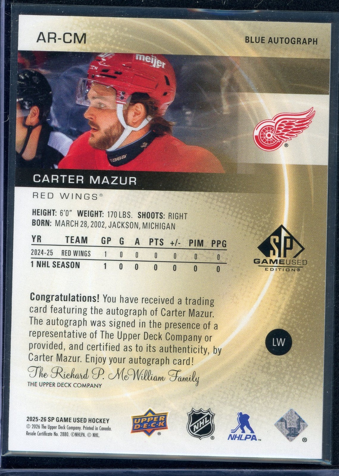 2025-26 Upper Deck Sp Game Used - Authentic Rookies Carter Mazur #AR-CM Blue