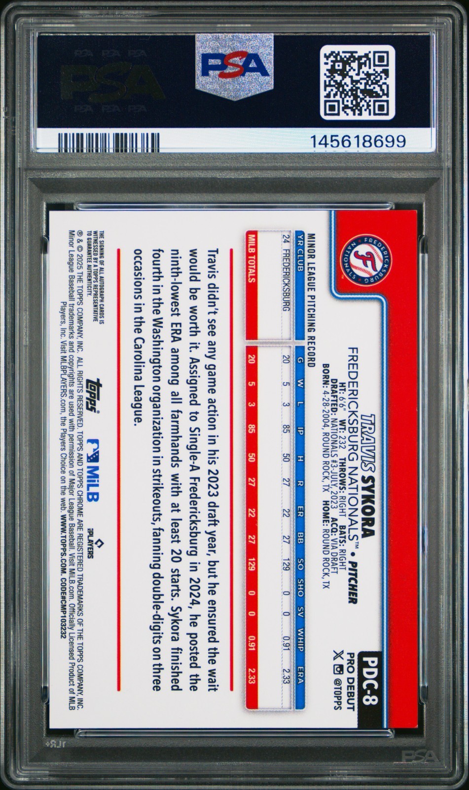2025 Topps Pro Debut - Chrome Travis Sykora #PDC-8 Gold Refractor Auto /50 PSA 9