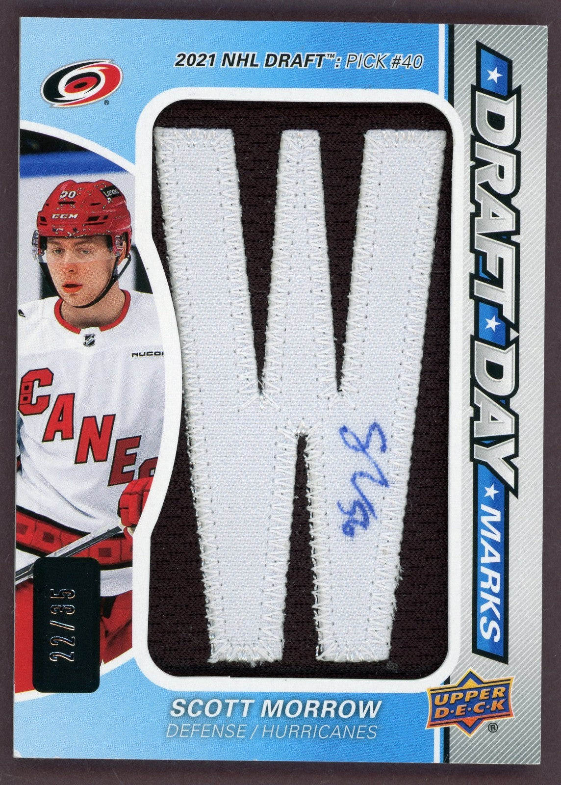 Scott Morrow 2025-26 Upper Deck SP Game Used Draft Day Marks Patch Autograph/35