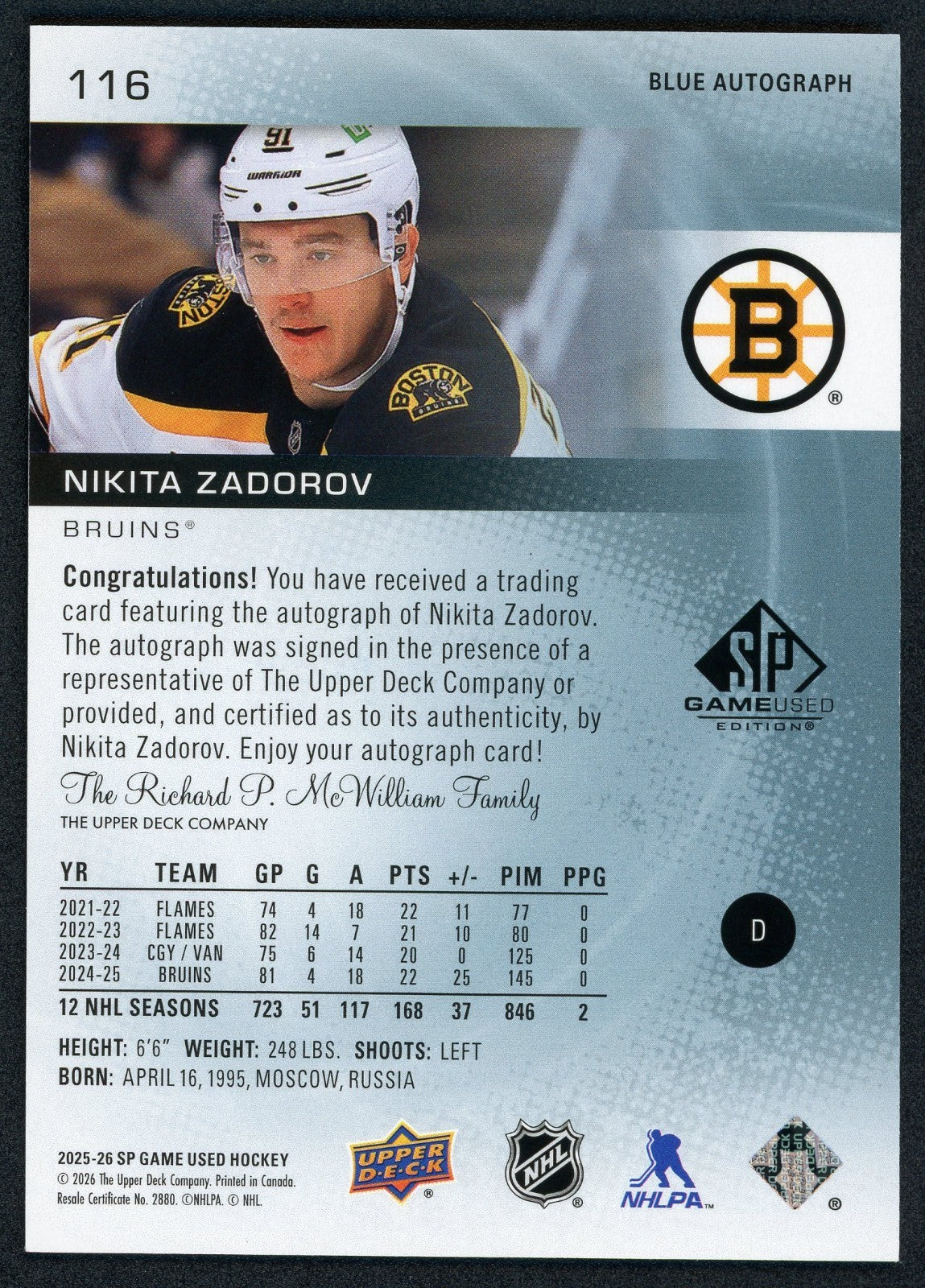 2025-26 Upper Deck Sp Game Used - Nikita Zadorov #116 Blue Autograph