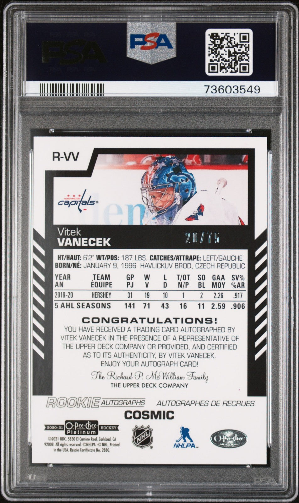 2020-21 O-Pee-Chee Platinum - Rookie Autographs Vitek Vanecek #R-VV Cosmic...
