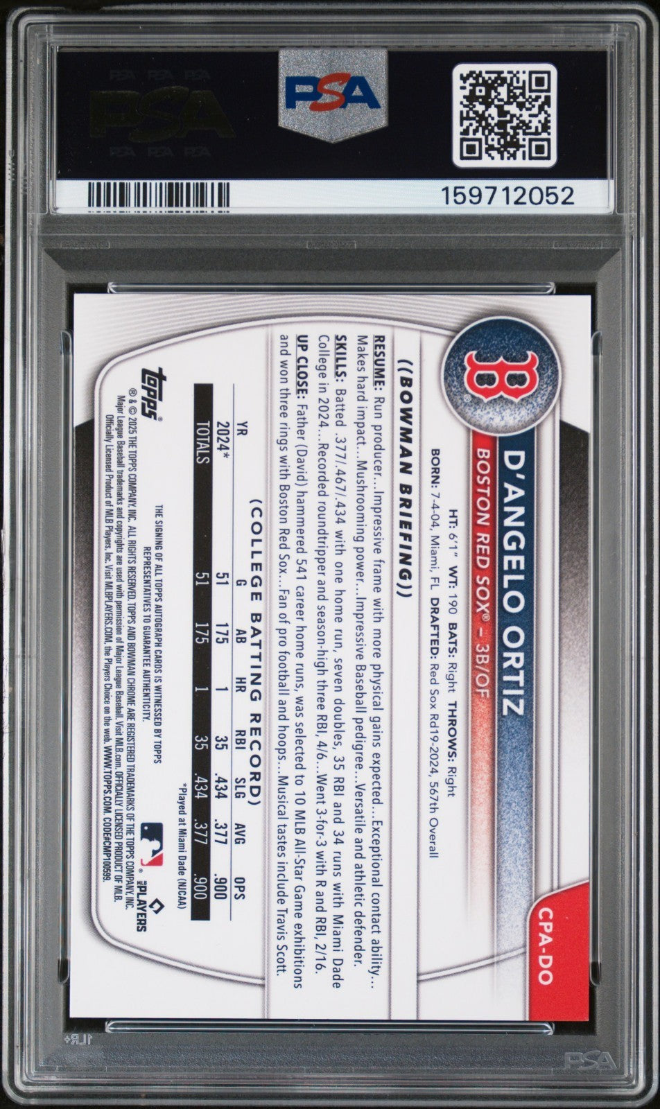 2025 Bowman - Chrome Prospect Autographs D'Angelo Ortiz #CPA-DO Orang Shimmer...