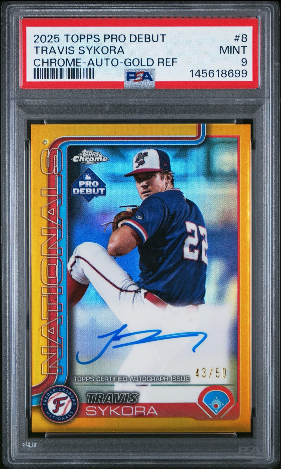 2025 Topps Pro Debut - Chrome Travis Sykora #PDC-8 Gold Refractor Auto /50 PSA 9