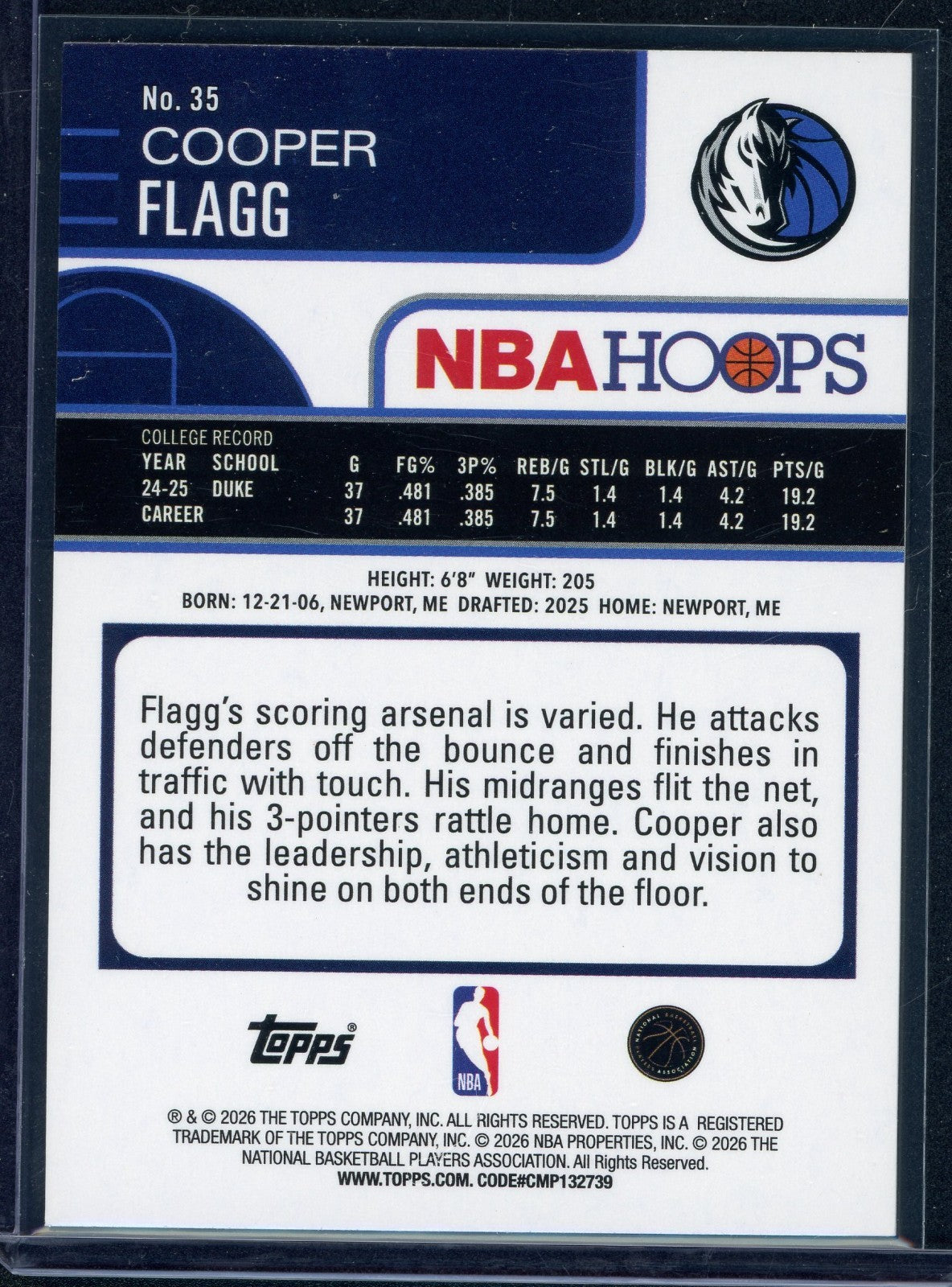 2025-26 Topps NBA Hoops Cooper Flagg #35 (RC) NBA Rookie of the Year