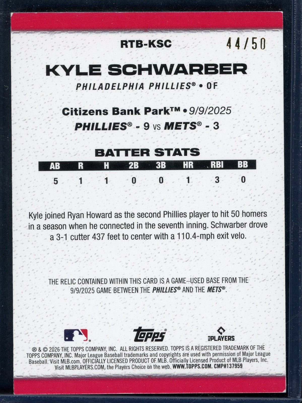 2026 Topps Series 2 - Rounding the Bases Relics Kyle Schwarber #RTB-KSC /50
