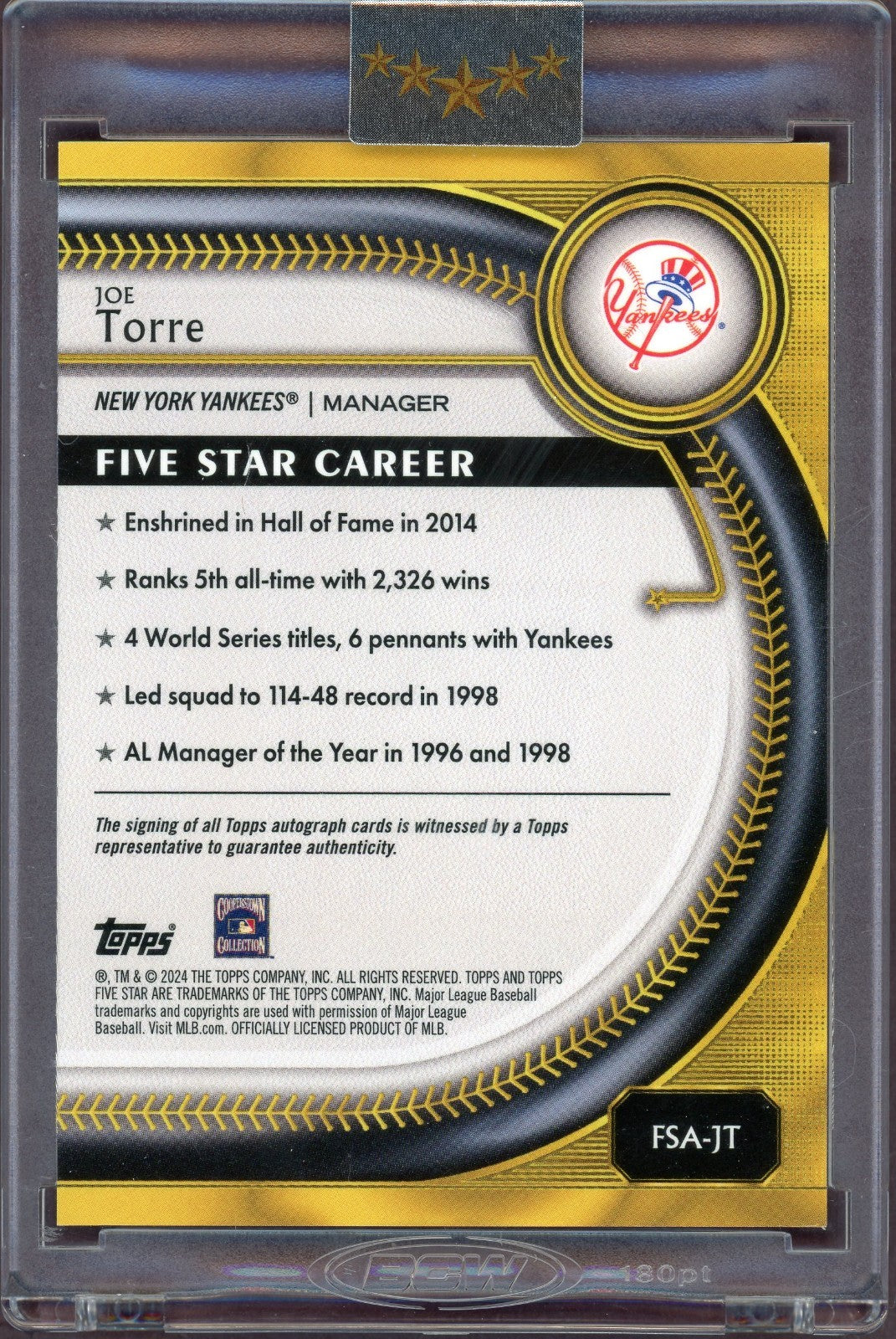 2025 Topps Five Star - Autographs Joe Torre #FSA-JT Blue /25 (AU)