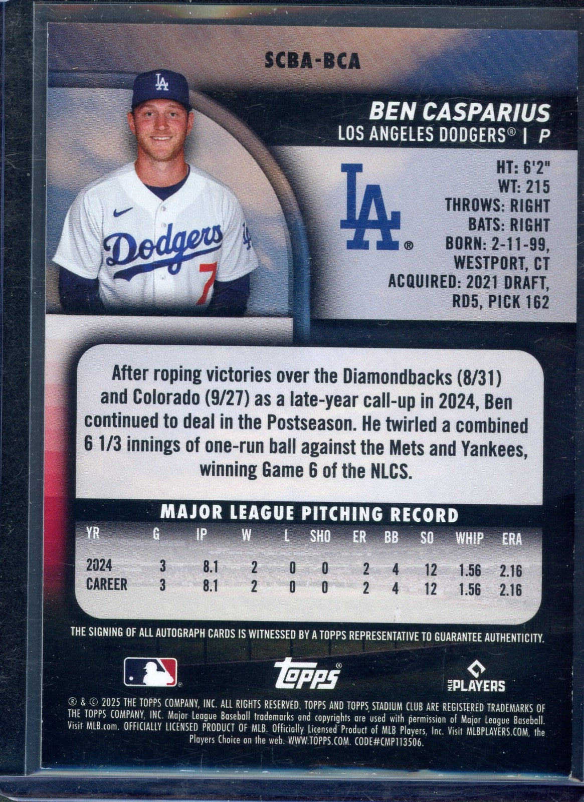 2025 Topps Stadium Club - Autographs Ben Casparius #SCBA-BCA (AU, RC)
