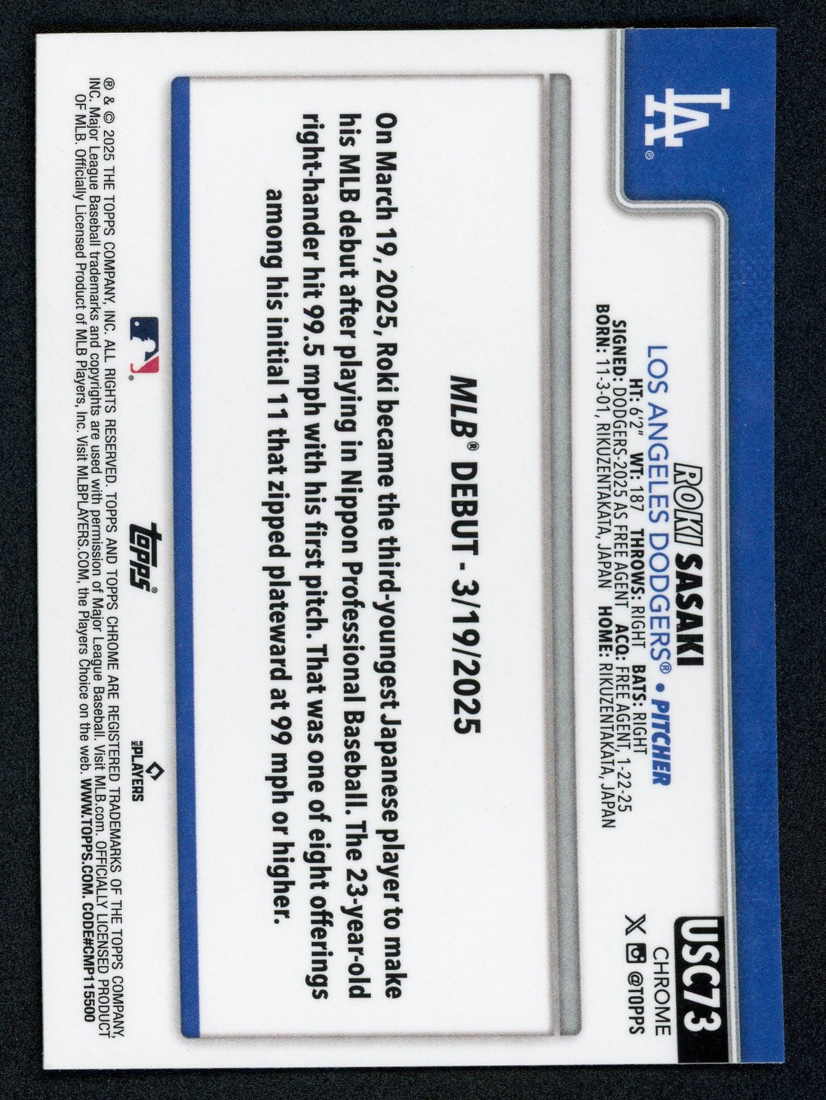 2025 Topps Chrome Update Series - Rookie Debut Roki Sasaki #USC73 RayWave