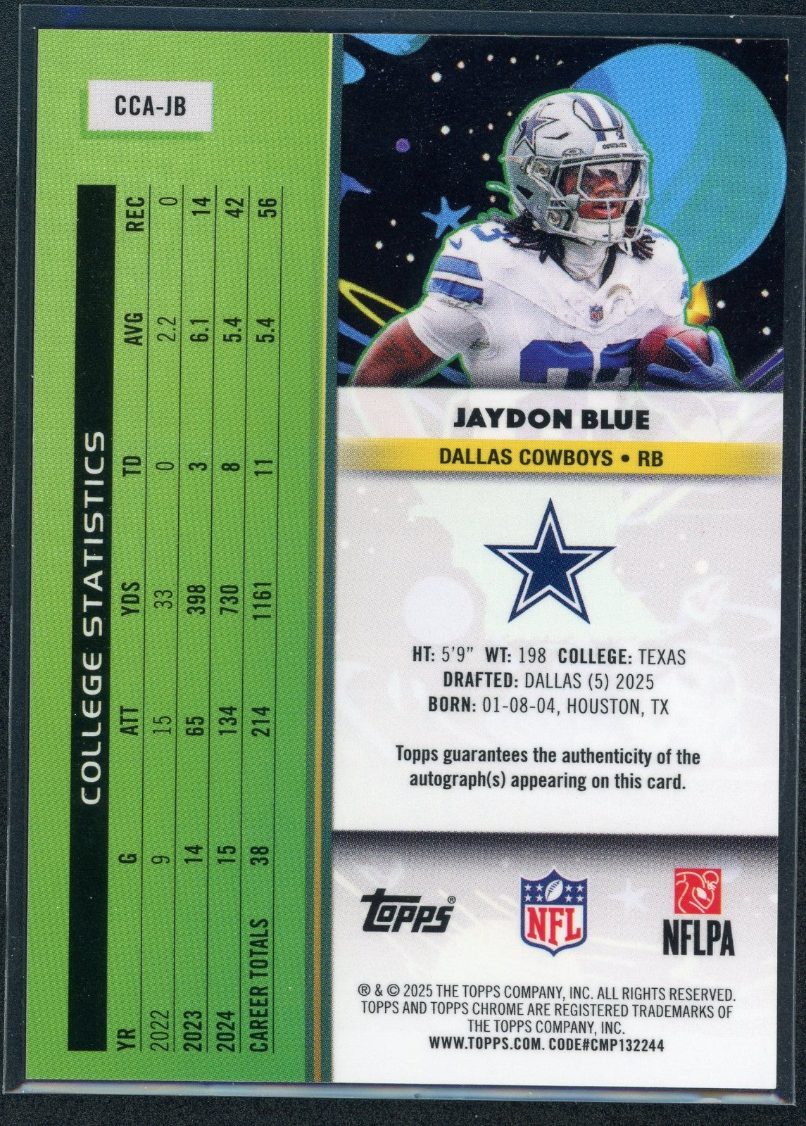 Jaydon Blue Topps Chrome Cosmic Auto RC CCA-JB Dallas Cowboys 2/10