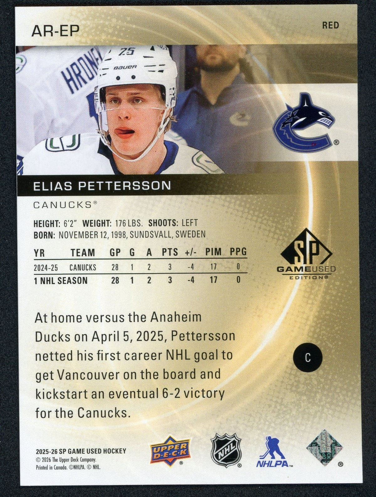 2025-26 Upper Deck Sp Game Used - Authentic Rookies Elias Pettersson #AR-EP Red