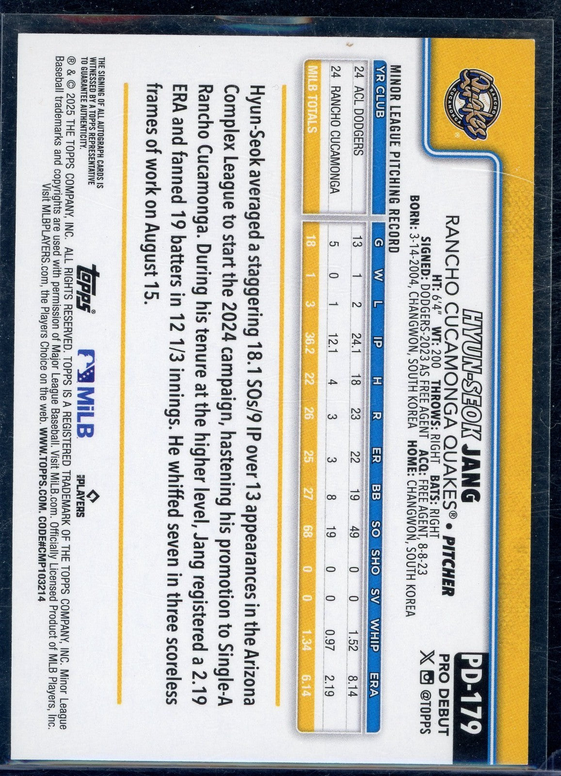 2025 Topps Pro Debut - Hyun-Seok Jang #PD-179 Autographs (AU, RC)