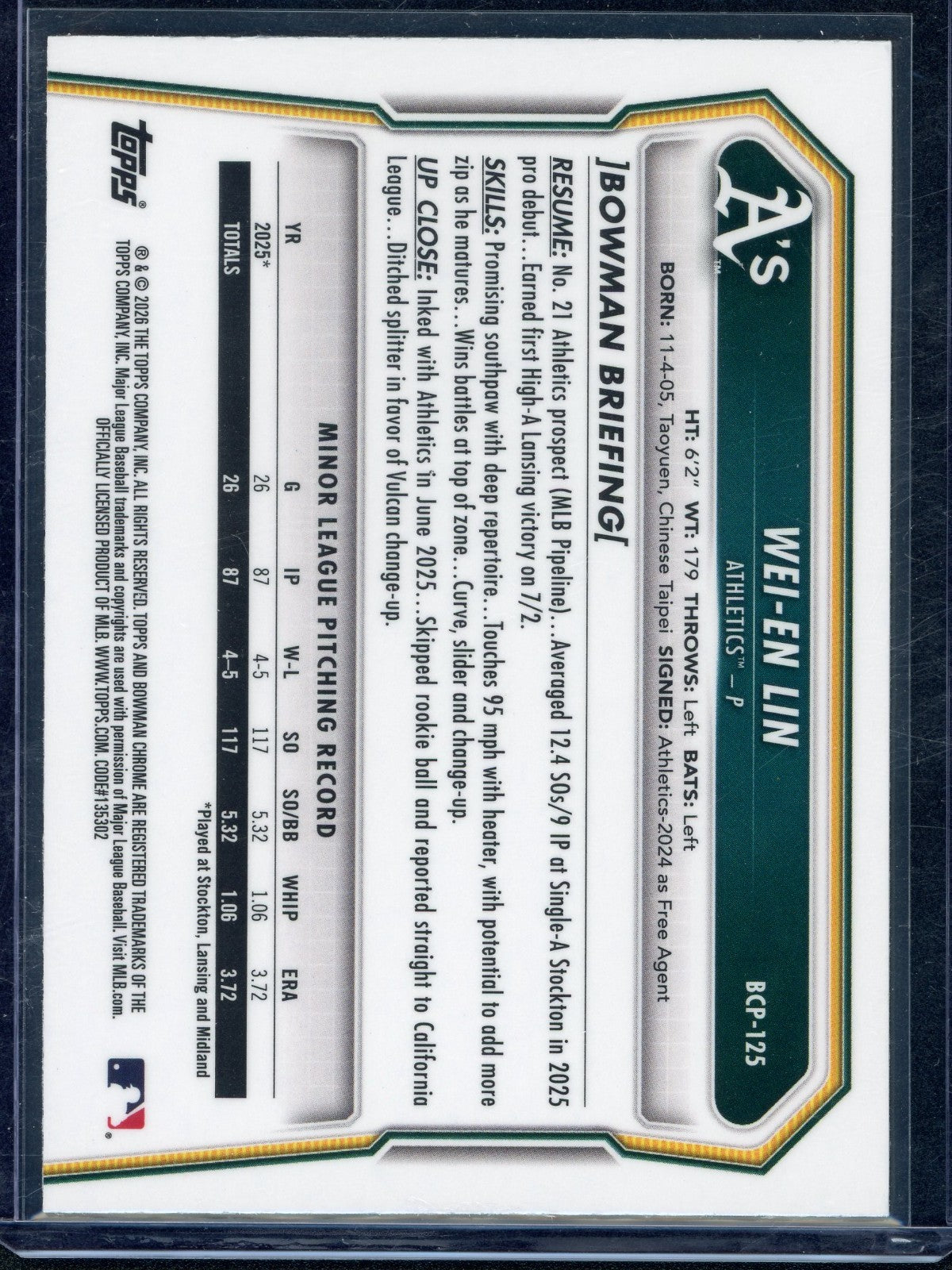 2026 Bowman Chrome Baseball Wei-En Lin #BCP-125 Reptilian Refractor (RC)