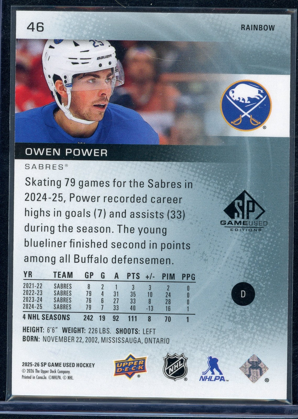 2025-26 Upper Deck SP Game Used - Owen Power #46 - Rainbow 24/25