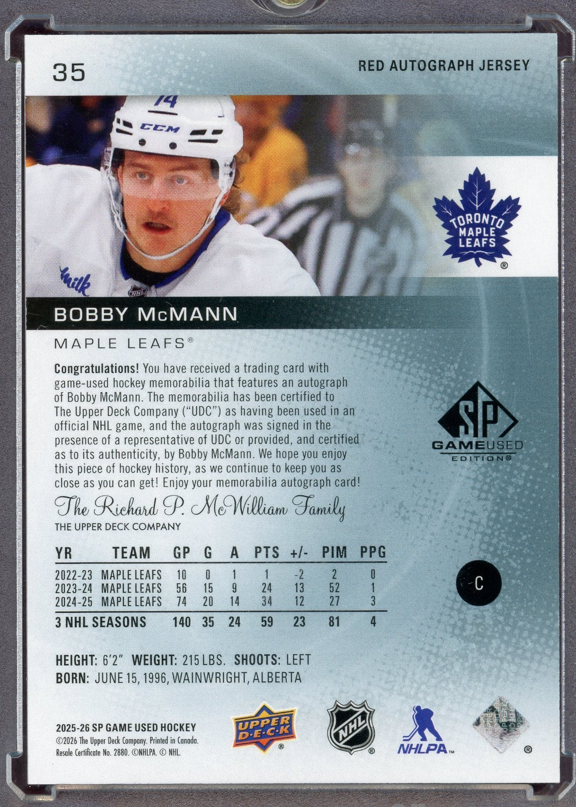 2025-26 Upper Deck Sp Game Used - Red Autograph Bobby McMann #35 /149