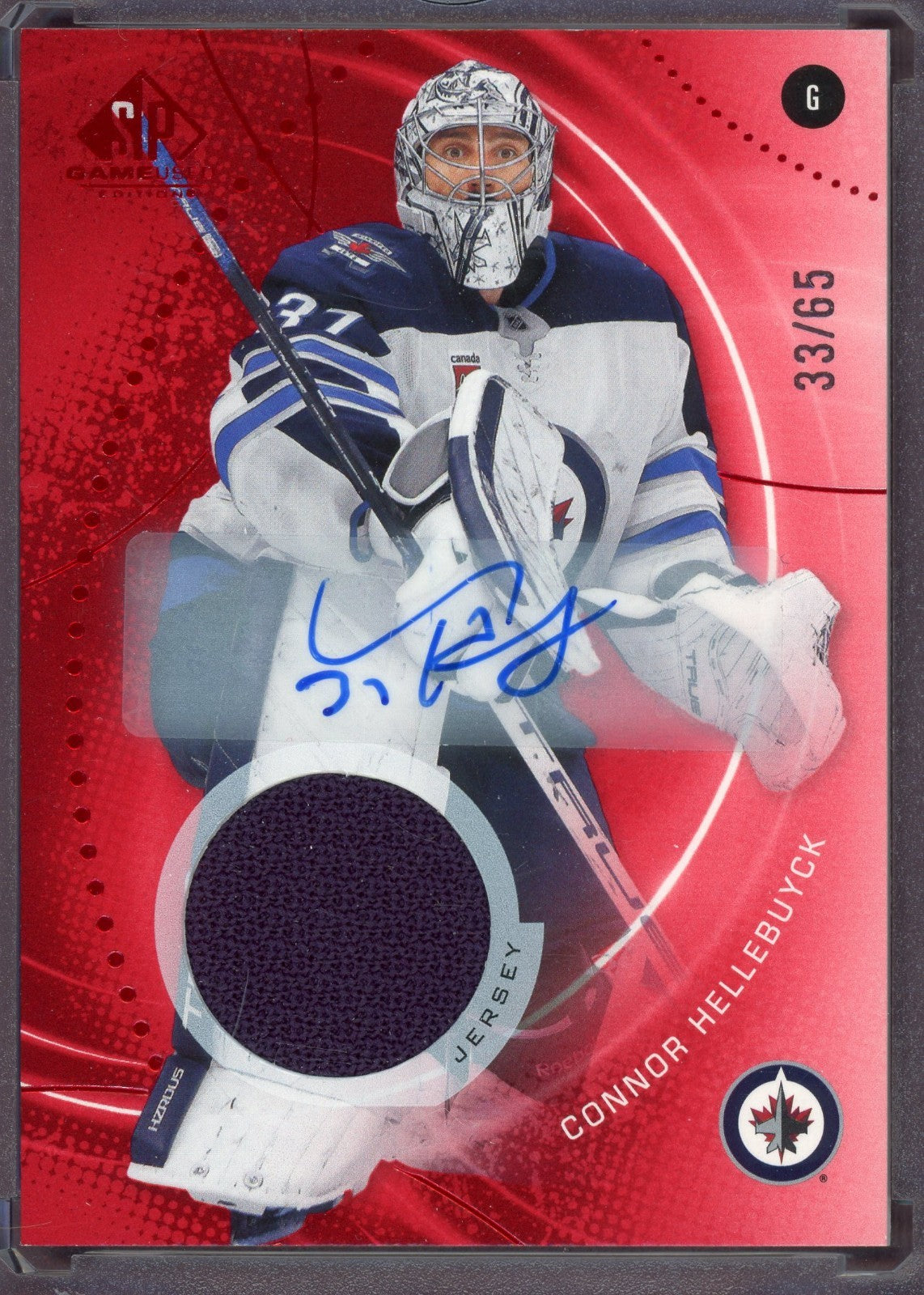 2025-26 Upper Deck SP Game Used Connor Hellebuyck Patch Auto /65 Winnipeg Jets