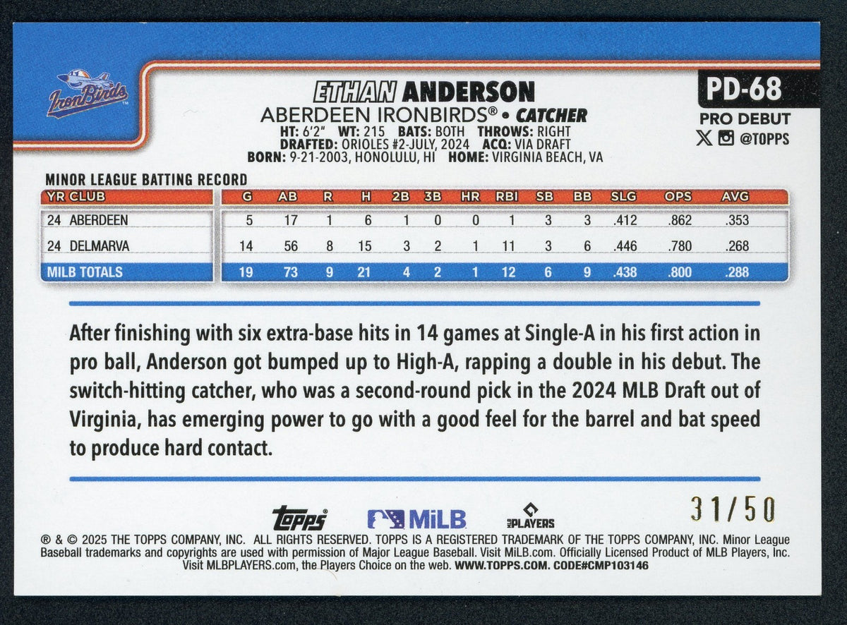 2025 Topps Pro Debut - Ethan Anderson #PD-68 Gold Foil /50 (RC)