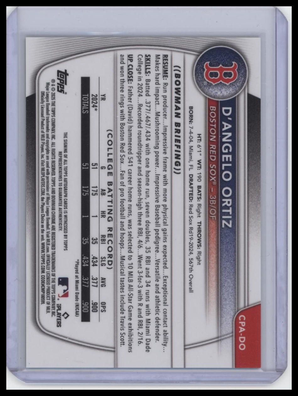 2025 Bowman #CPA-DO D'Angelo Ortiz Chrome Autographs Green Grass Refractor #/99