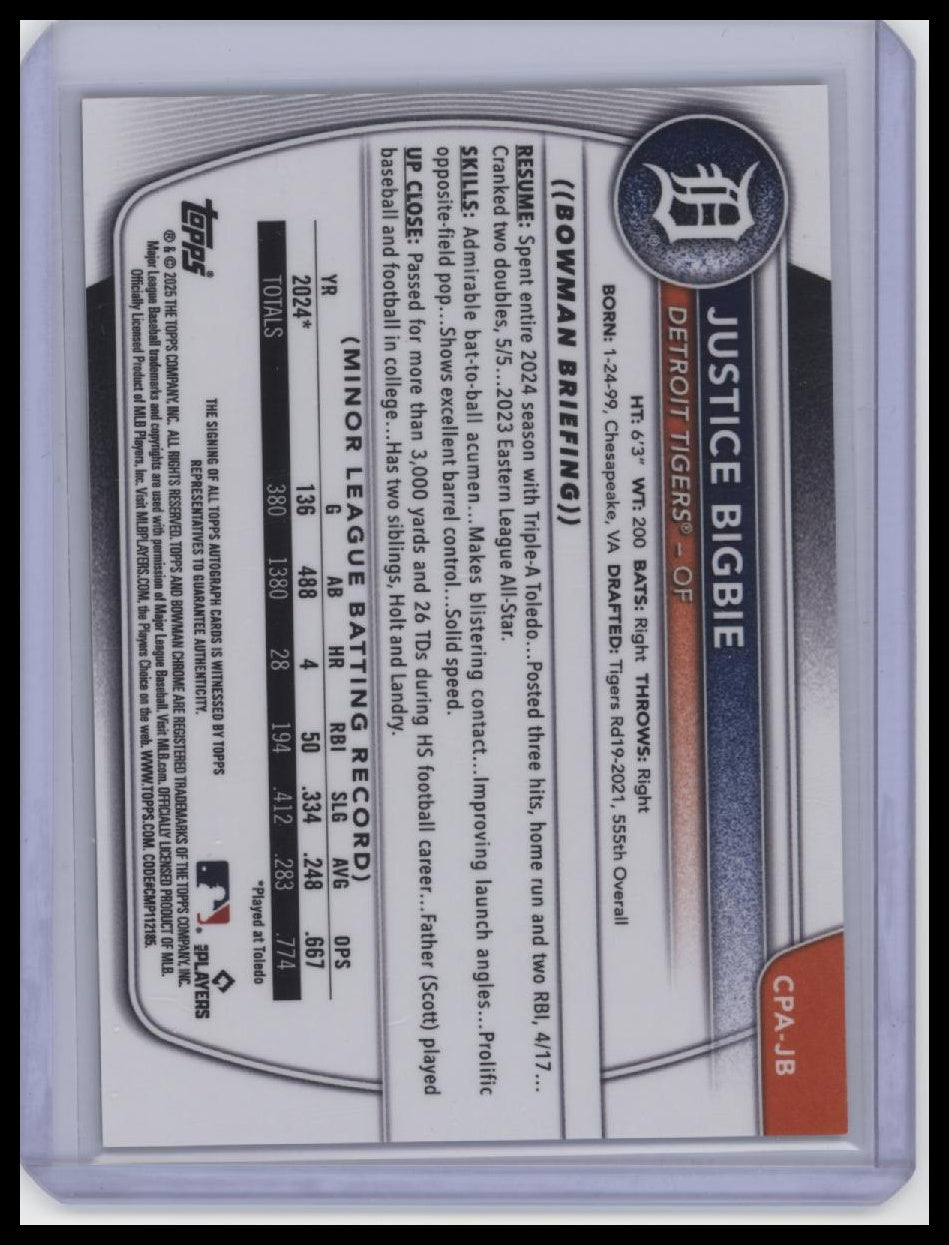 2025 Bowman Chrome #CPA-JB Justice Bigbie Prospect Autographs Gold Shimmer /50