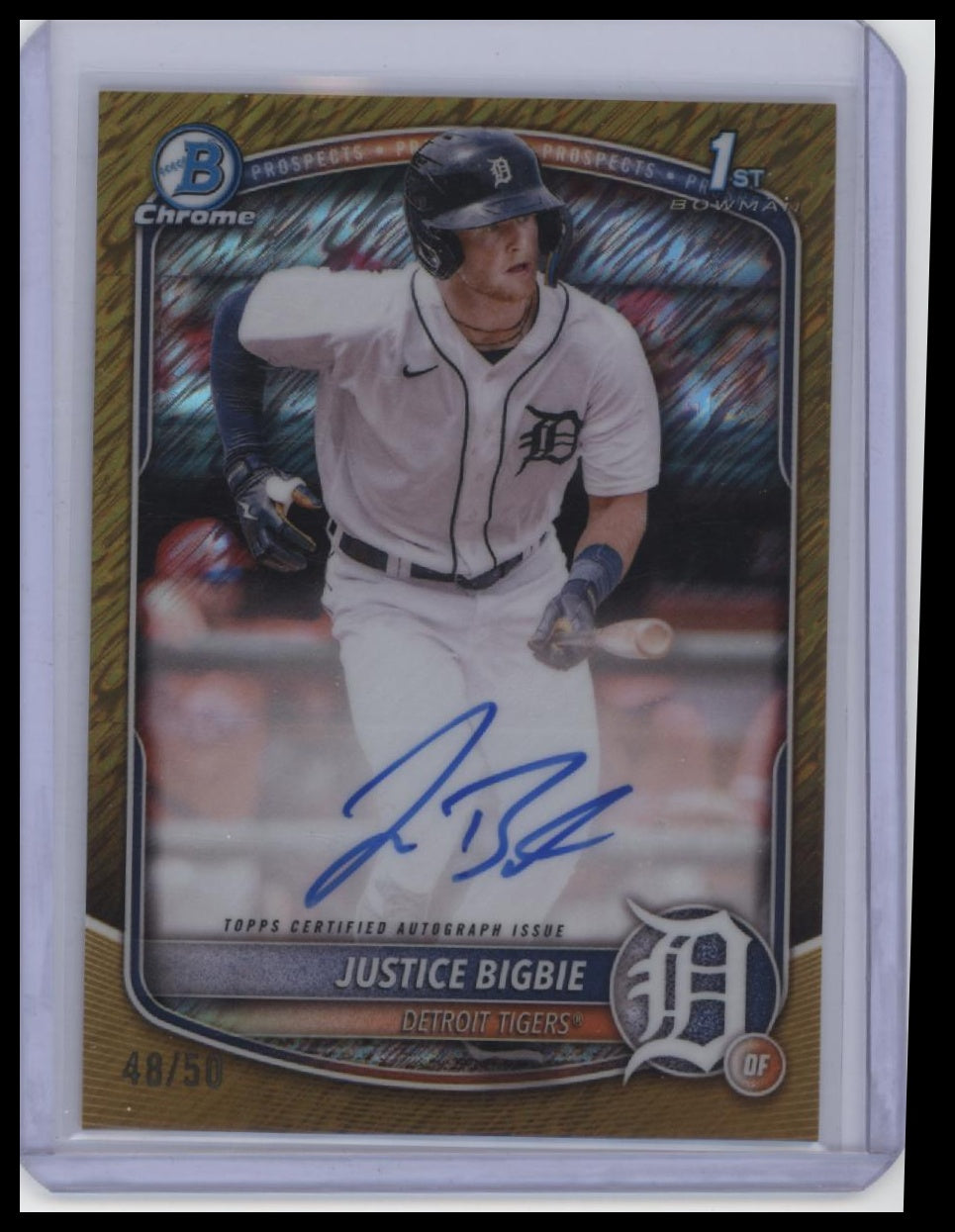 2025 Bowman Chrome #CPA-JB Justice Bigbie Prospect Autographs Gold Shimmer /50