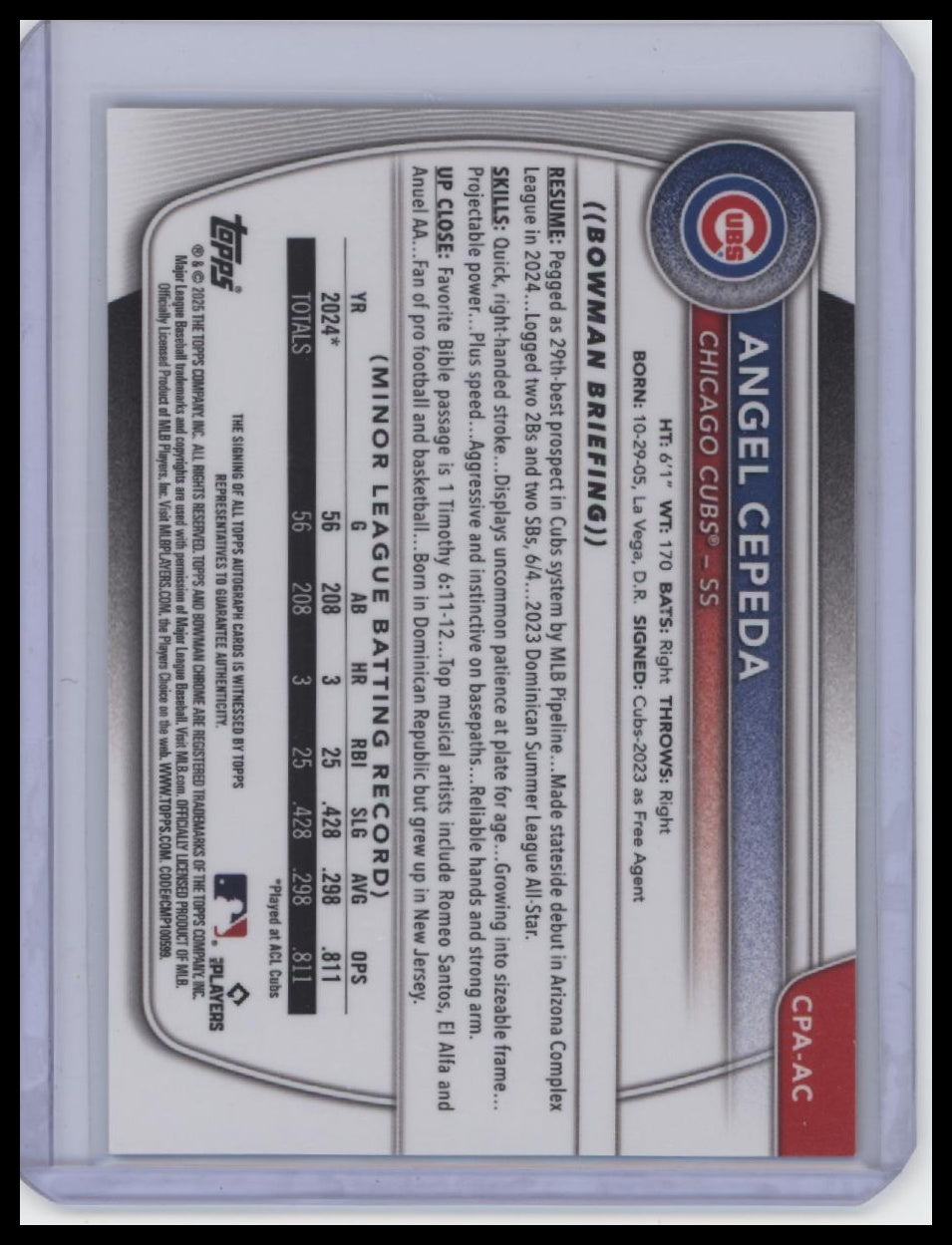 2025 Bowman Chrome #CPA-AC Angel Cepeda Prospect Autographs Gold  /50