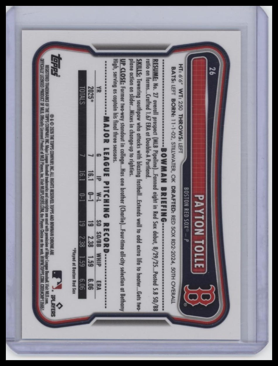 2026 Bowman #26 Payton Tolle Chrome Mojo Orange Refractors #/25