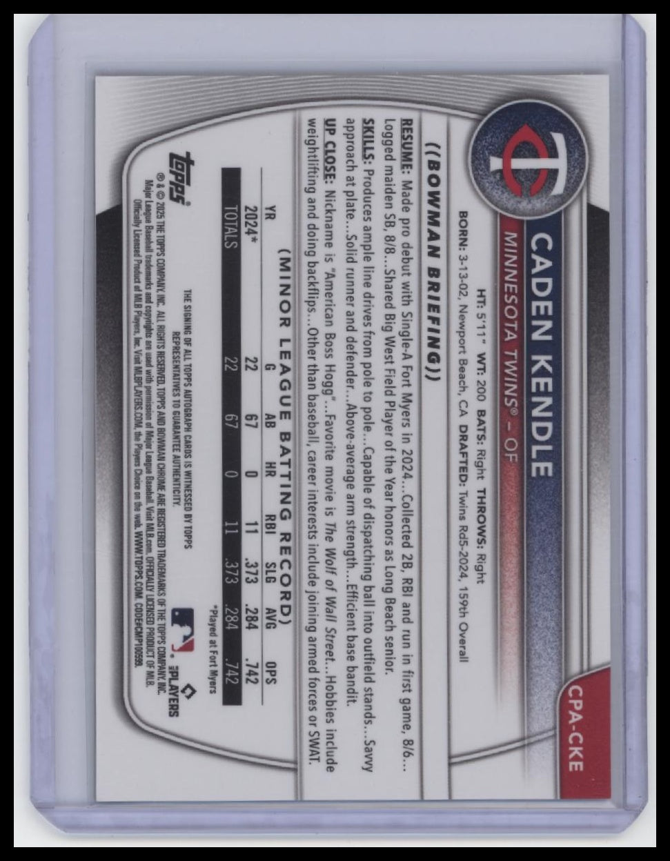 2025 Bowman #CPA-CKE Caden Kendle Chrome Prospect Autographs Gold  /50