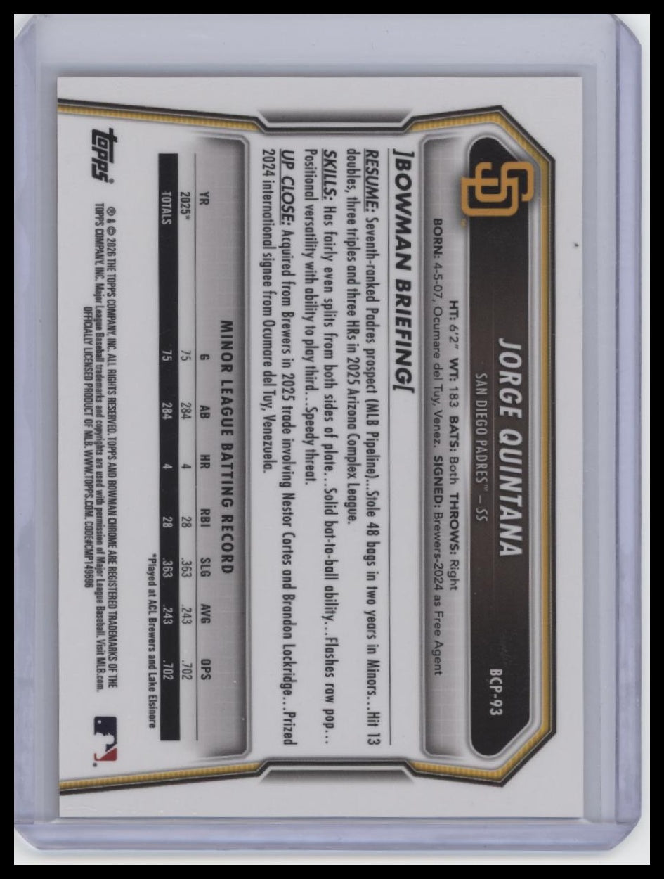 2026 Bowman #BCP-93 Jorge Quintana Chrome Prospects Mojo Orange Refractor #/25