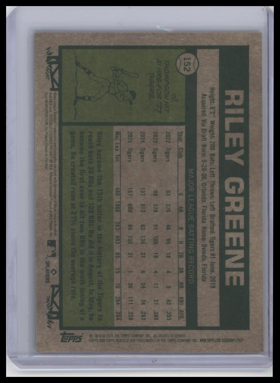 2026 Topps Heritage #152 Riley Greene Chrome Green Refractors #/99
