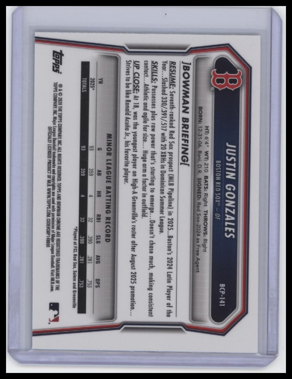 2026 Bowman #BCP-141 Justin Gonzales Chrome Prospects Mojo Sky Blue /499 (RC)