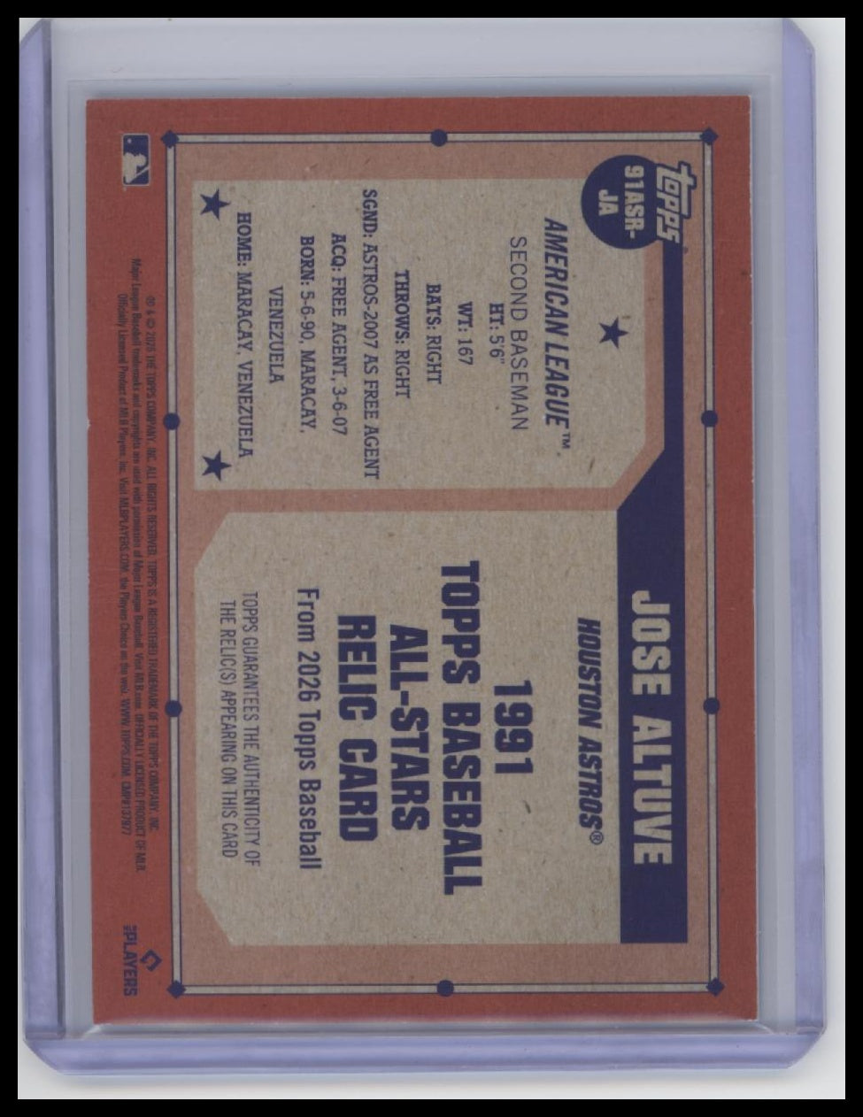 2026 Topps #91ASR-JA Jose Altuve 1991 Topps Baseball 35th Anniversary /150