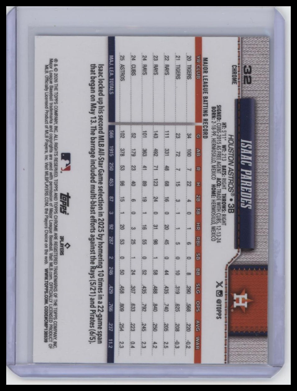2026 Topps #366 Isaac Paredes Blue Holo Foil #/150