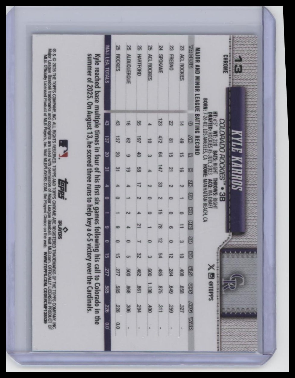 2026 Topps Chrome #13 Kyle Karros Blue Topps Logo Holo Refractors /150