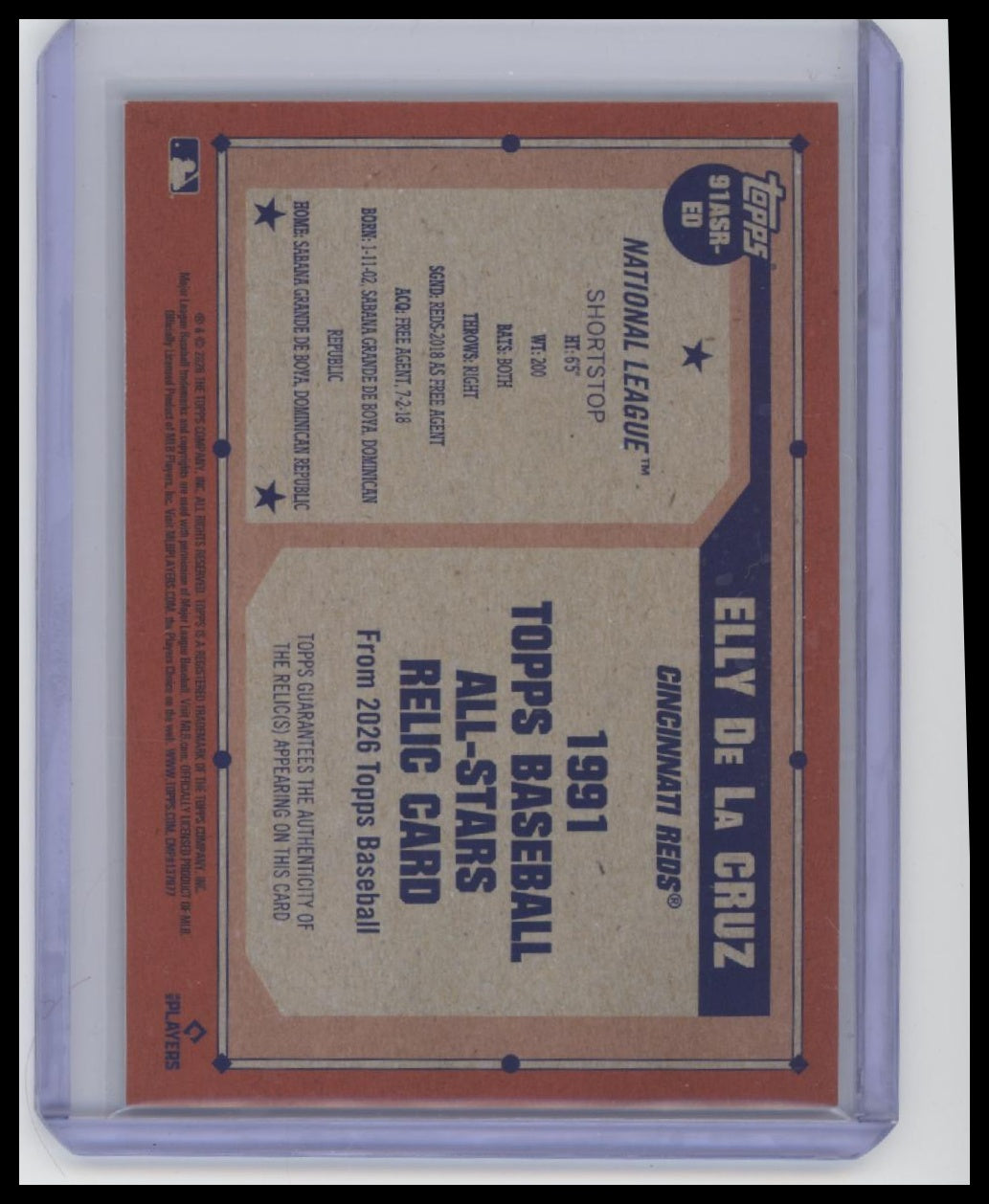 2026 Topps #91ASR-ED Elly De La Cruz 1991 Topps Baseball 35th Anniversary Relic.