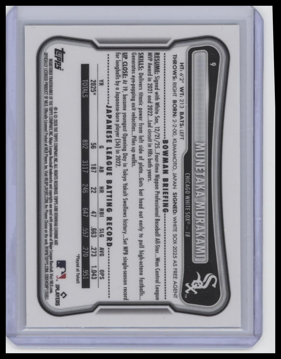 2026 Bowman #9 Munetaka Murakami Chrome Mojo Refractors (RC).