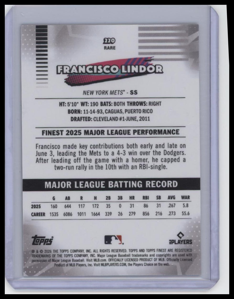 2026 Finest #220 Francisco Lindor Gold Refractors /50