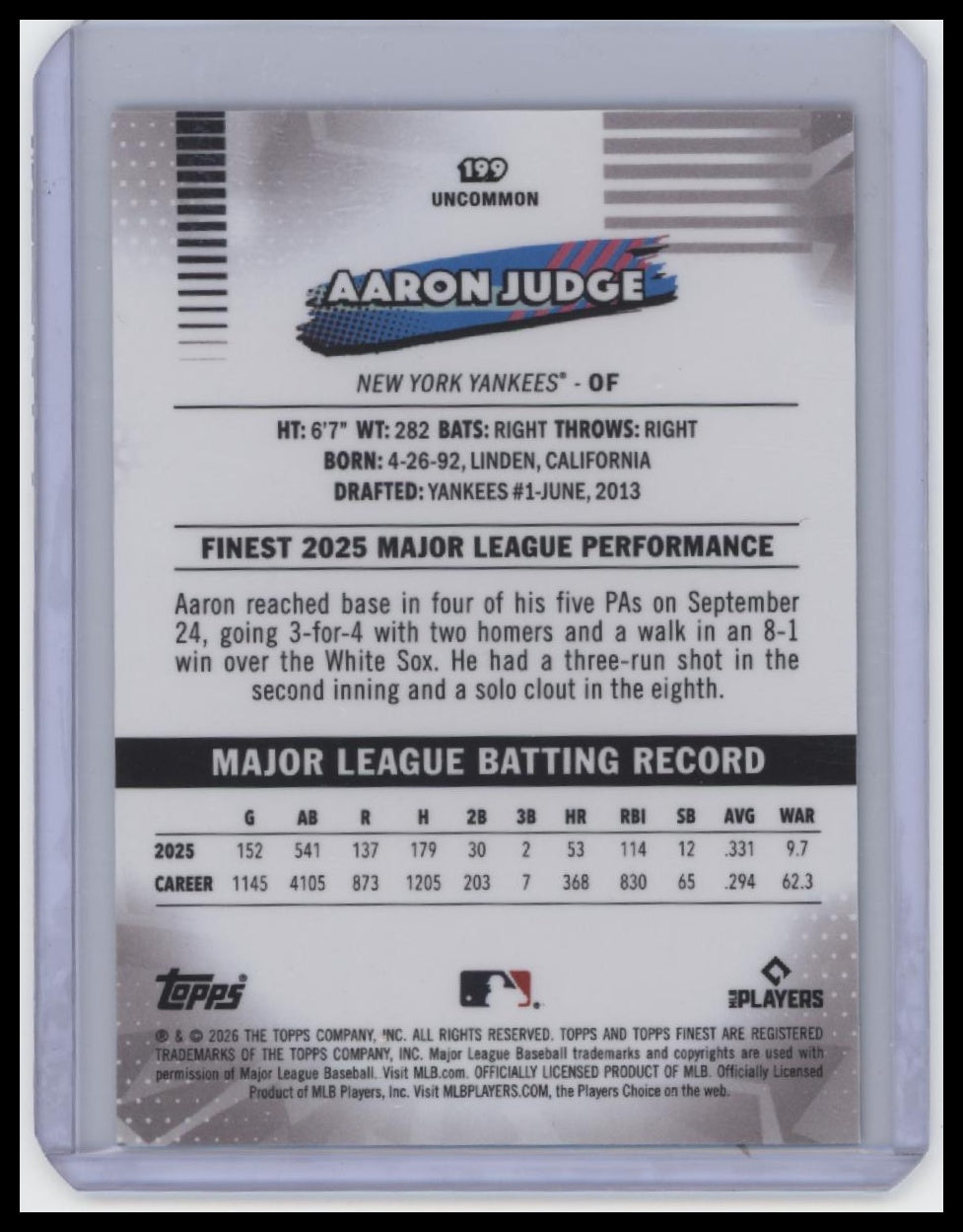 2026 Finest #199 Aaron Judge Aqua Refractors /199