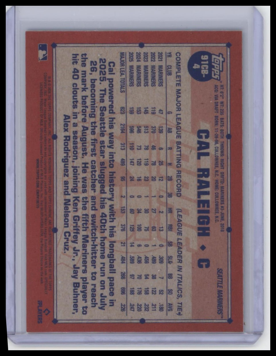 2026 Topps Chrome #91CB-4 Cal Raleigh 1991 Topps Baseball 35th Anniversary /99
