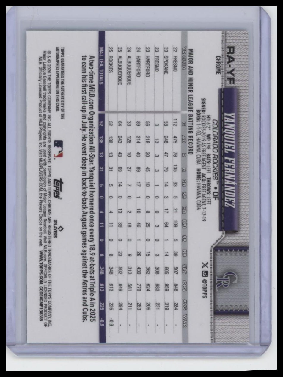 2026 Topps Chrome #RA-YF Yanquiel Fernández Rookie Autographs Aqua /199