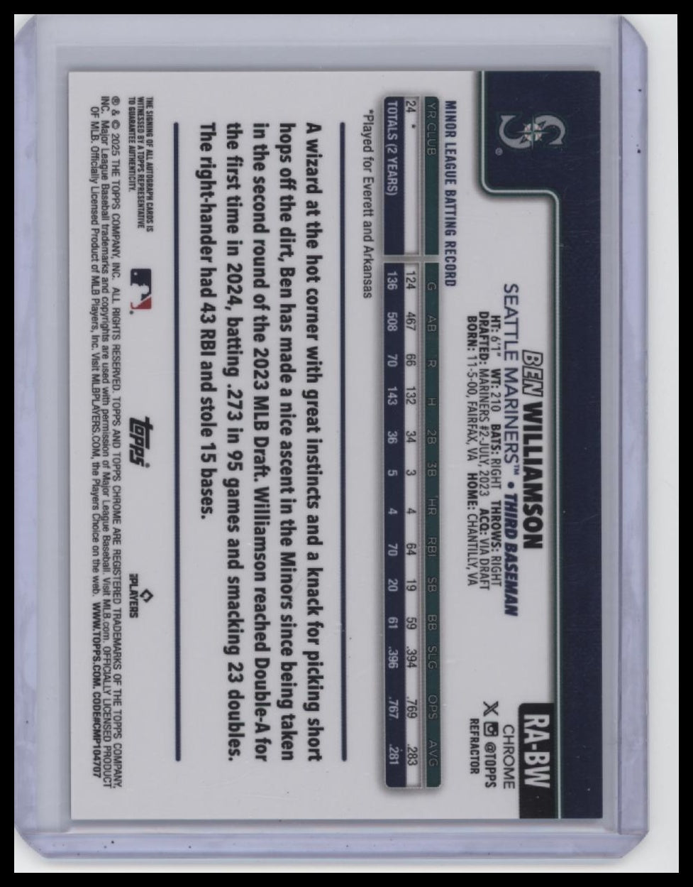 2025 Topps Chrome Update #RA-BW Ben Williamson Autographs /499 (RC, AU).