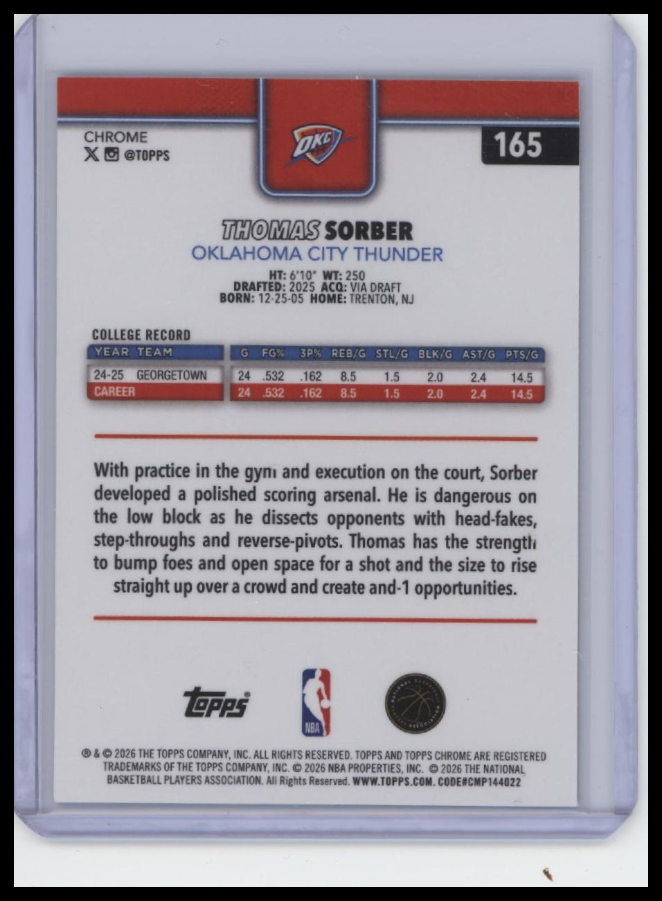 2025-26 Topps Chrome Update #165 Thomas Sorber