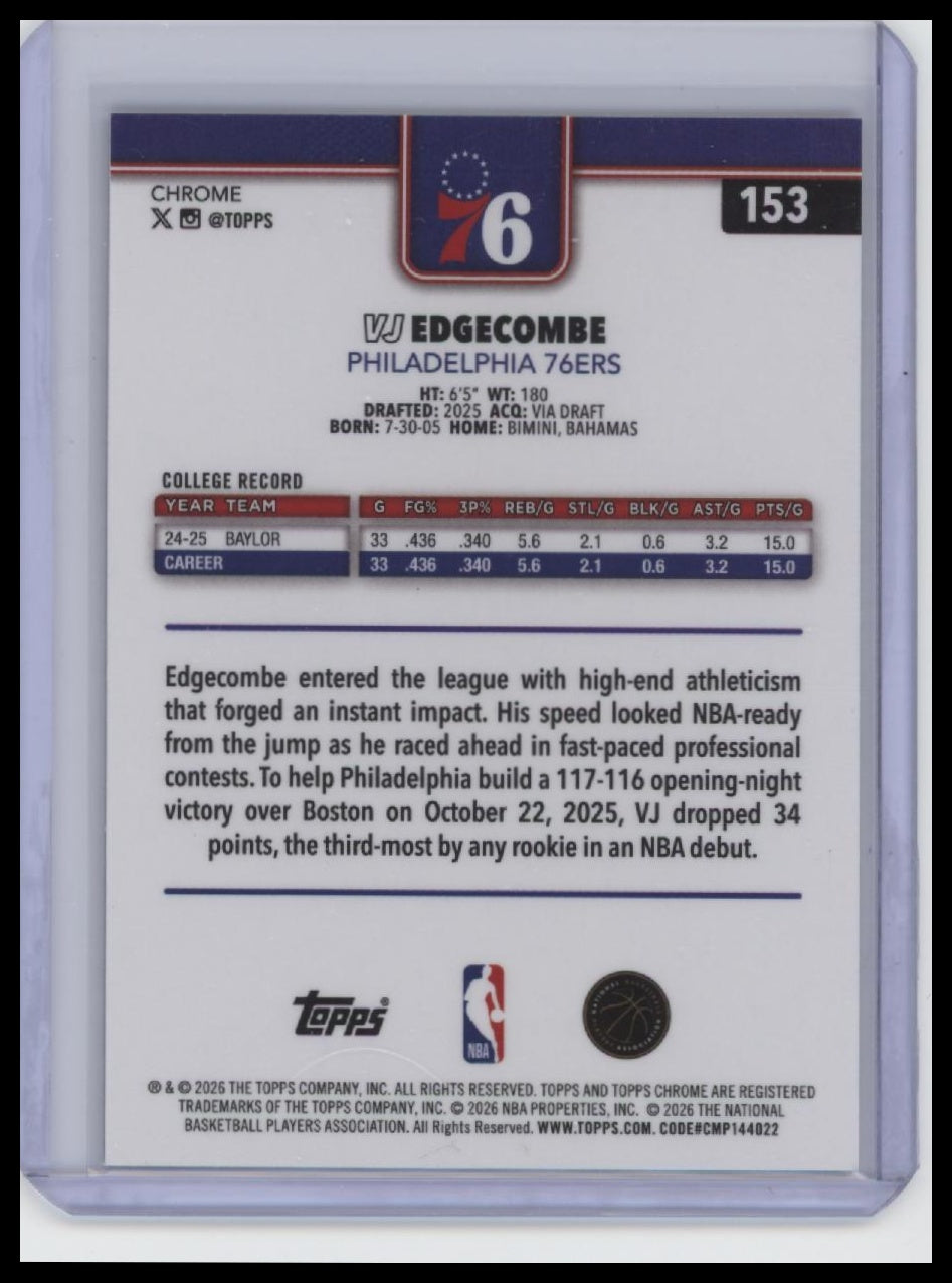 2025-26 Topps Chrome Update #153 VJ Edgecombe X-Fractor
