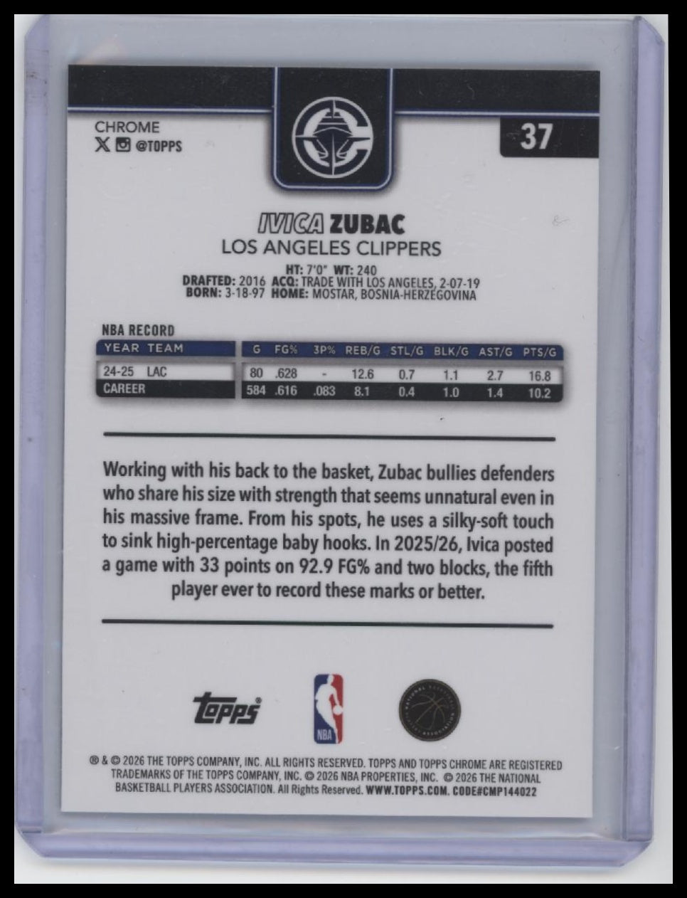 2025-26 Topps Chrome Update #37 Ivica Zubac Blue Refractor #/150