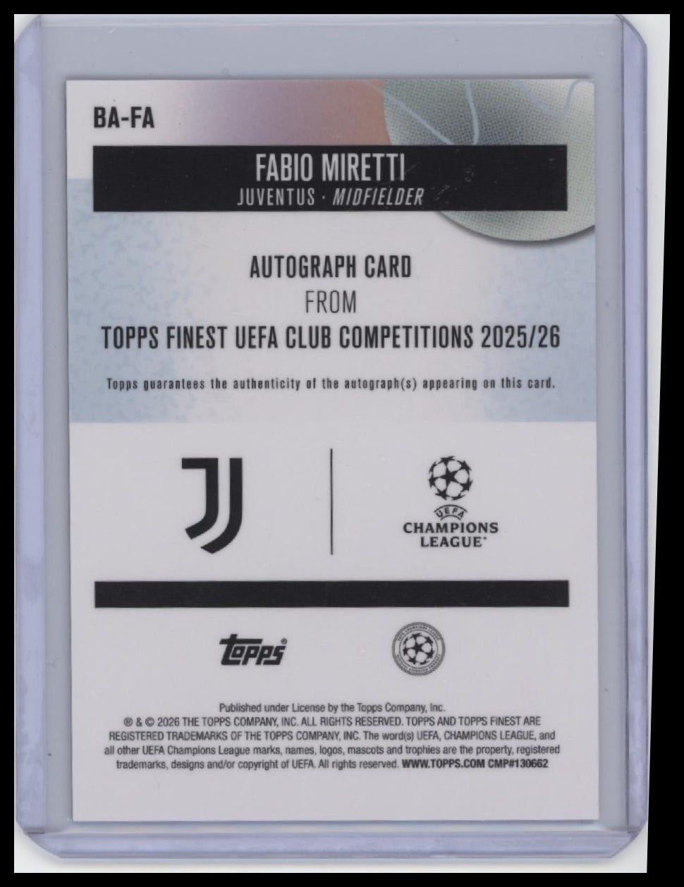 2025-26 Finest UEFA Club #BA-FA Fabio Miretti Base Autographs Pink /250