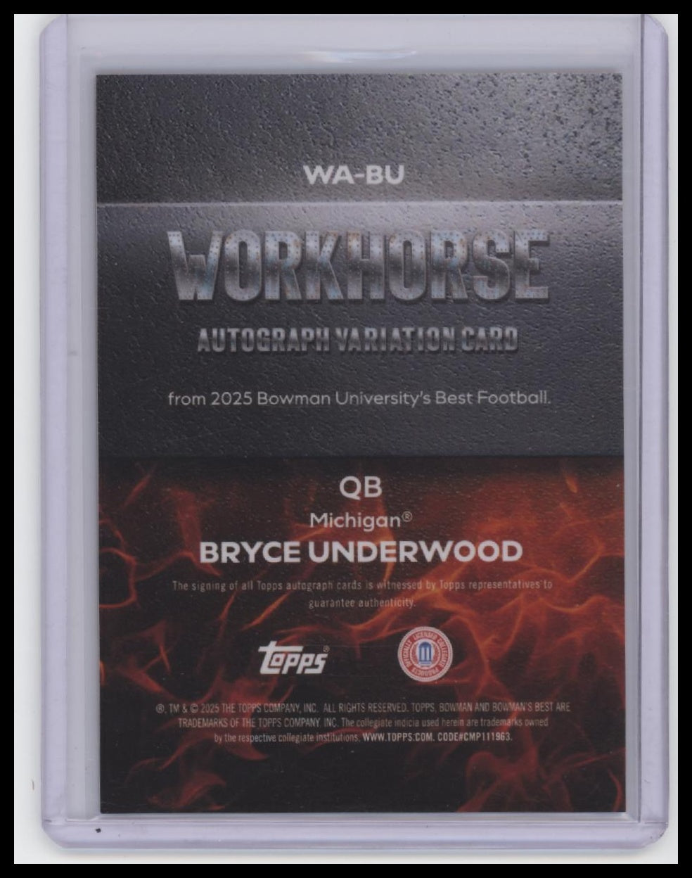 2025 Bowman University Best #WA-BU Bryce Underwood Workhorse Autographs