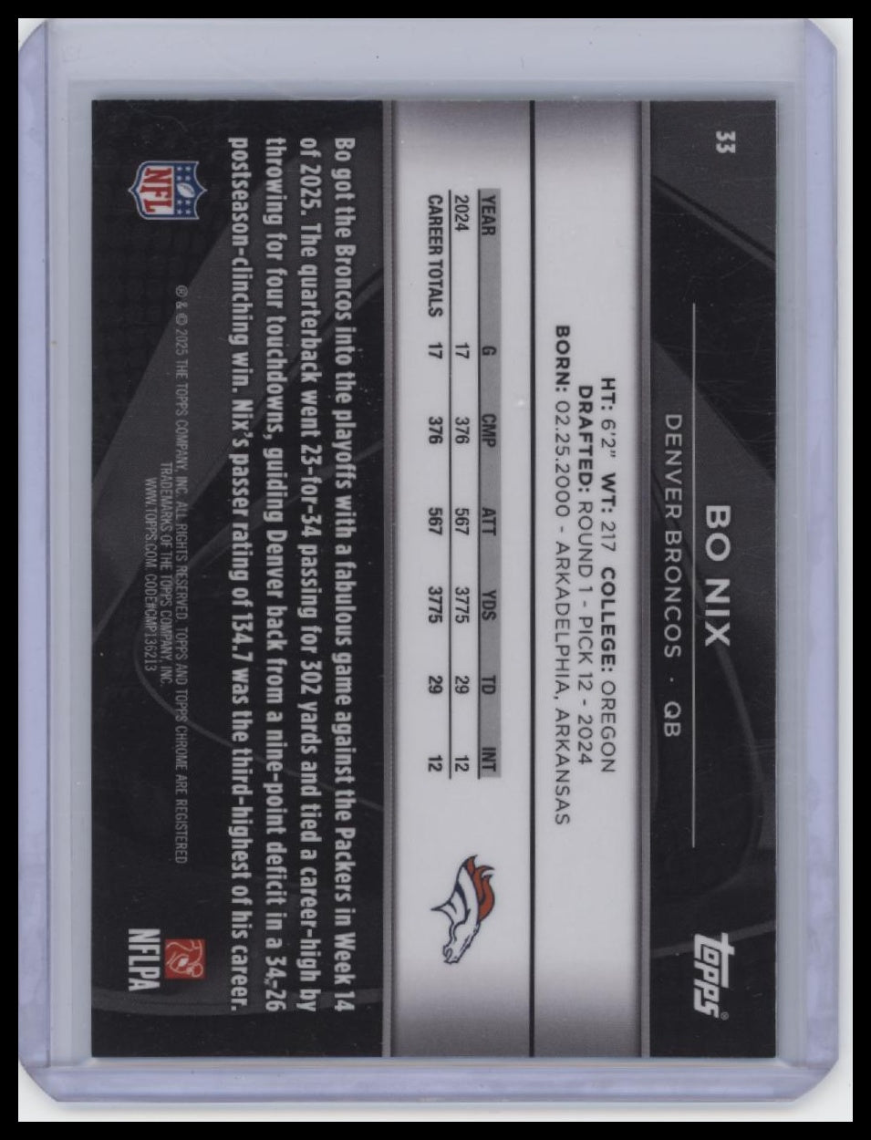 2025 Topps Chrome Black #33 Bo Nix Green Refractor /99